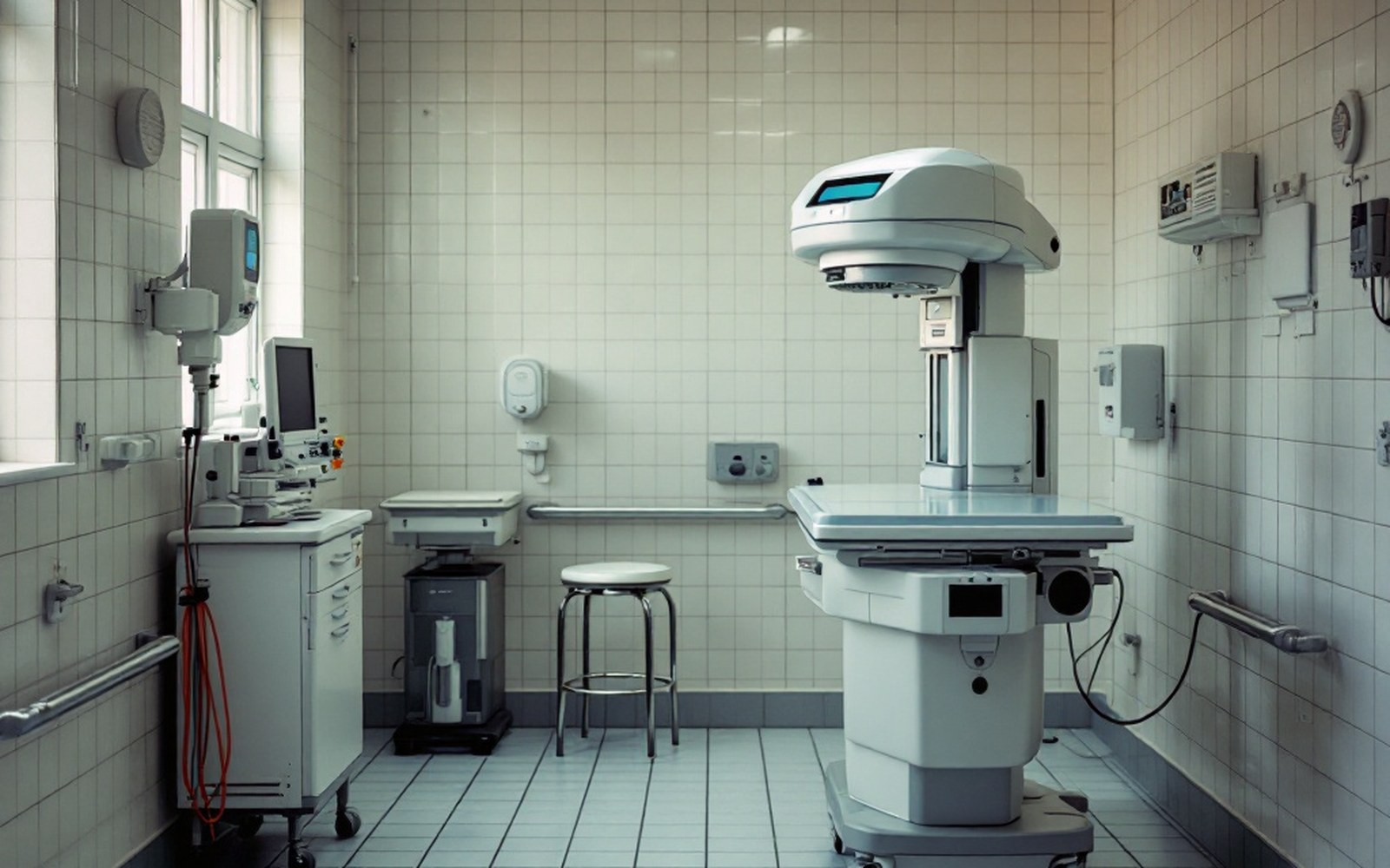 Early mammography machine in an empty tiled examination room