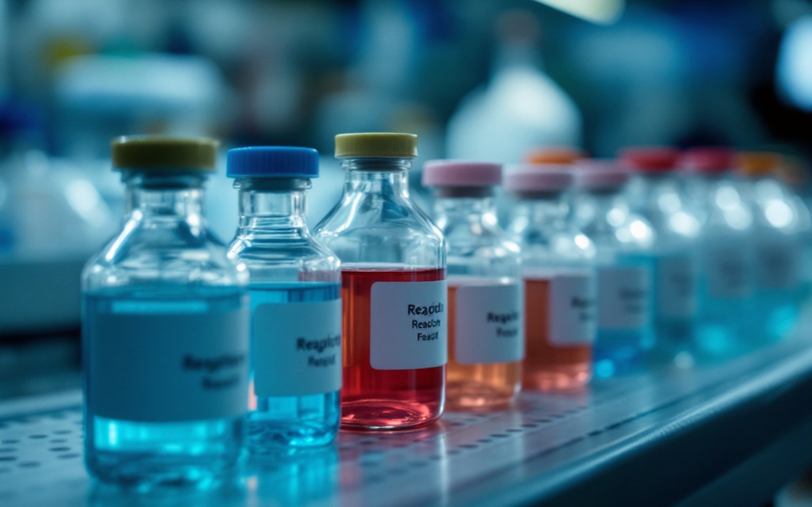 A rack of small labelled reagent bottles on a laboratory shelf, close