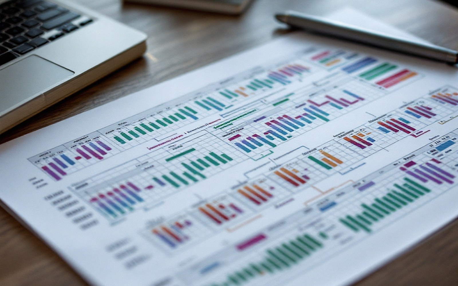 A printed pedigree chart of family linkage data spread across a desk beside a notebook