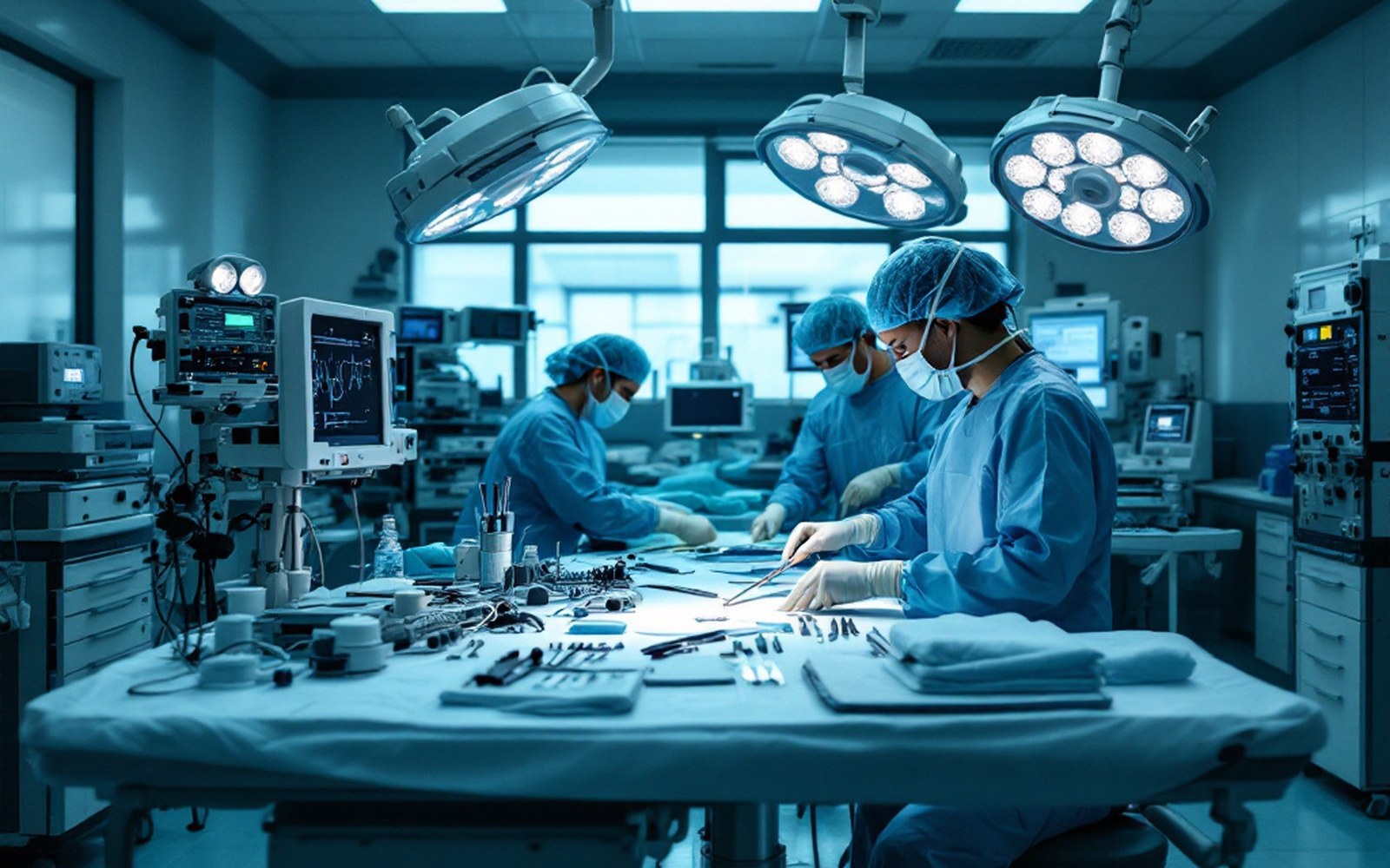 A modern operating theatre lit and prepared with instruments laid out, unoccupied