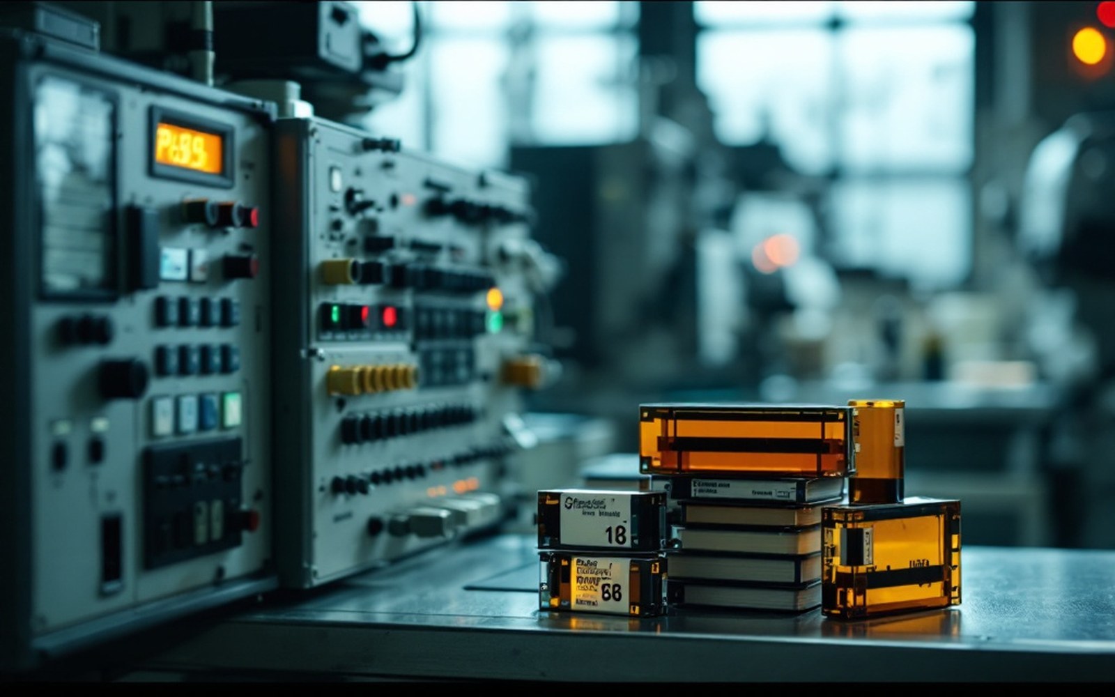 A film processor and a stack of empty film cassettes in a hospital darkroom