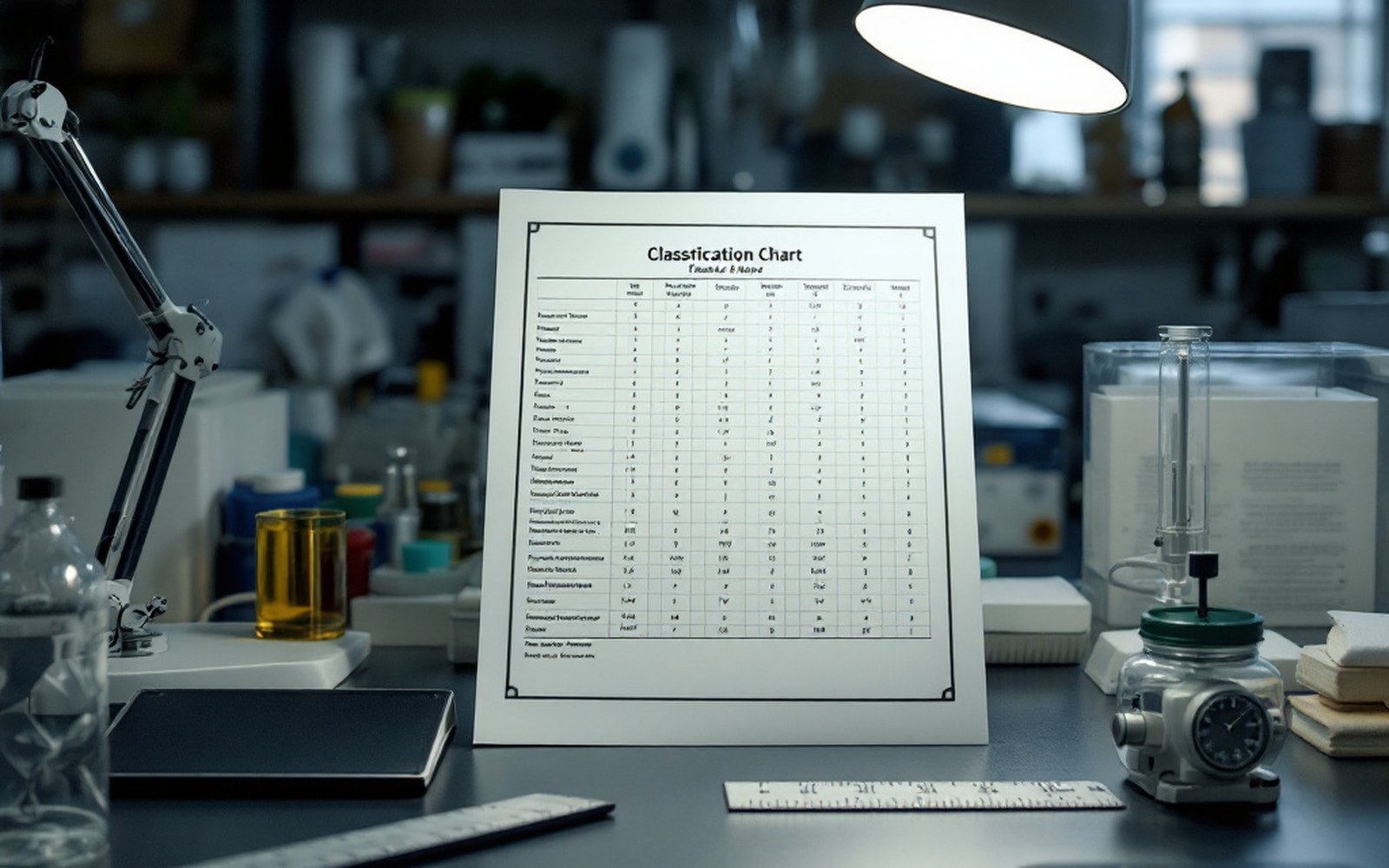 A printed classification chart and a ruler on a laboratory desk under a lamp