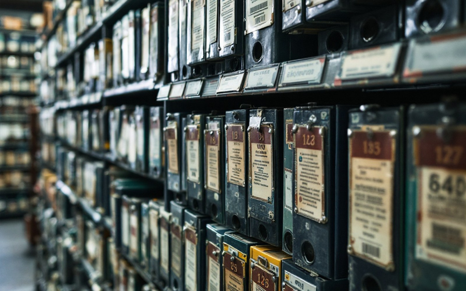 A wall of numbered ring binders on office shelving with printed labels