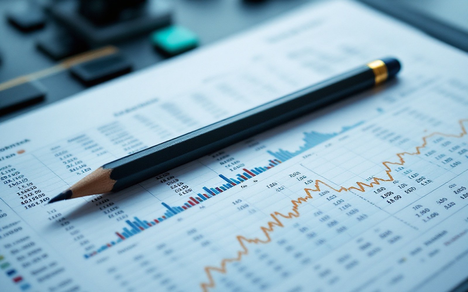 A printed data table with columns of figures and a pencil lying across it