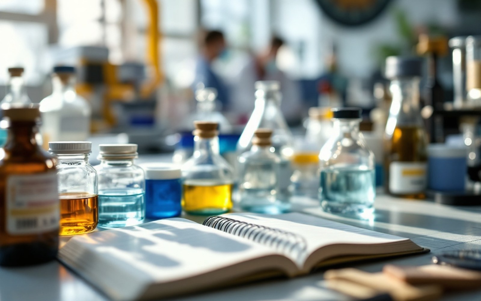 A laboratory notebook open beside glass reagent bottles on a bench, daylight