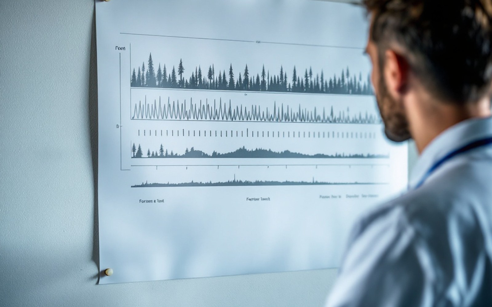 A large printed forest plot of horizontal lines and markers pinned to an office wall