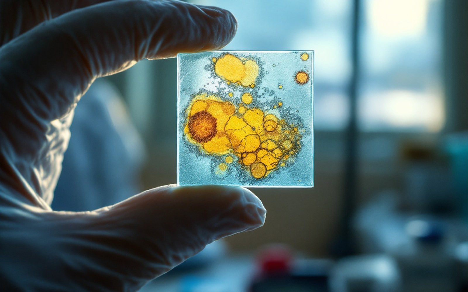A stained glass microscope slide held up in gloved fingers against a bright window