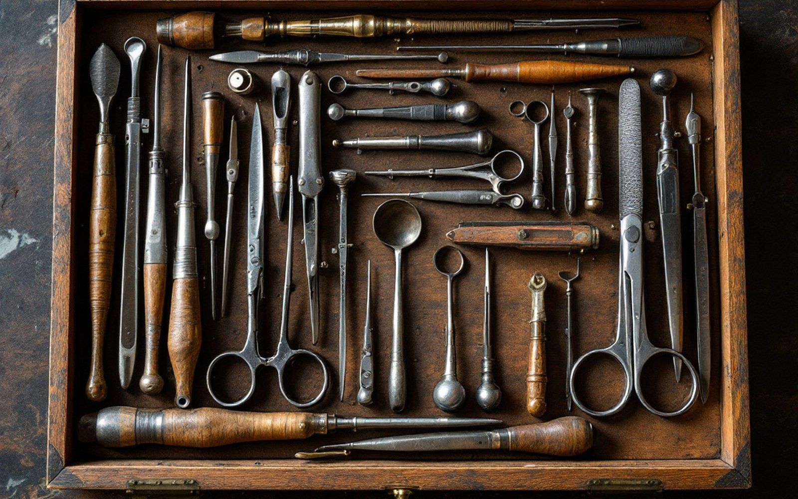 A set of nineteenth-century surgical instruments laid out in a fitted wooden case