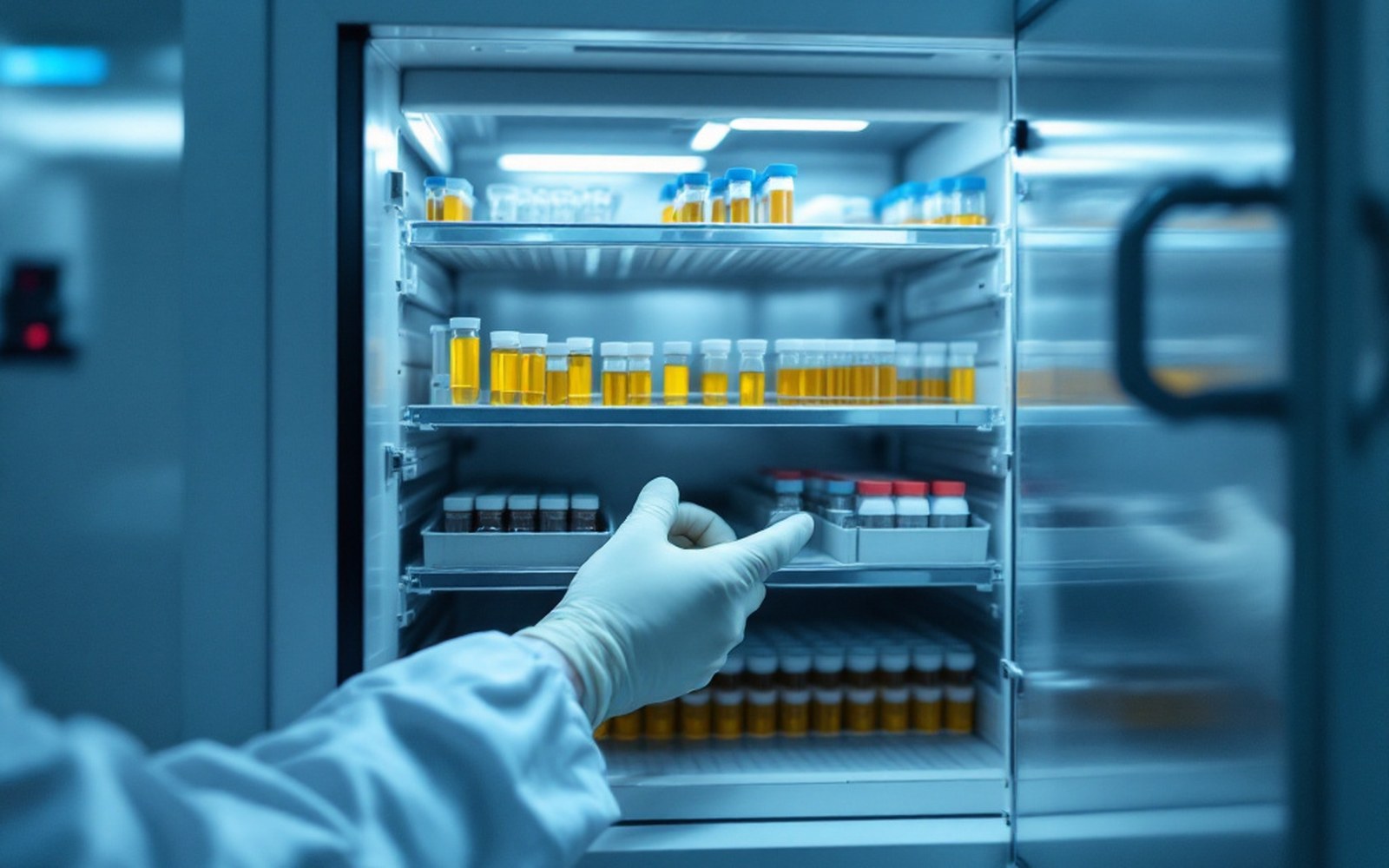 A cold storage unit open in a laboratory showing racked vials, gloved hand on the door