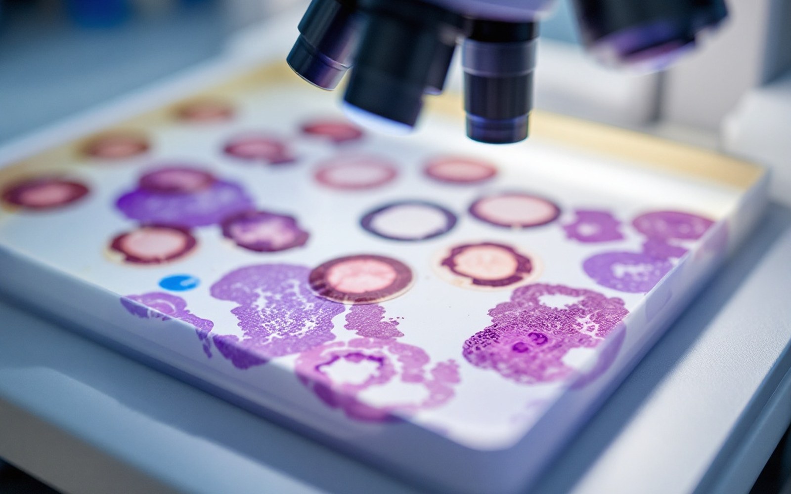A microscope slide tray of stained tissue sections on a laboratory bench under even light